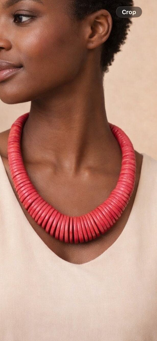 Vintage Red Wood Disc Necklace Bold Statement 16 Inch
